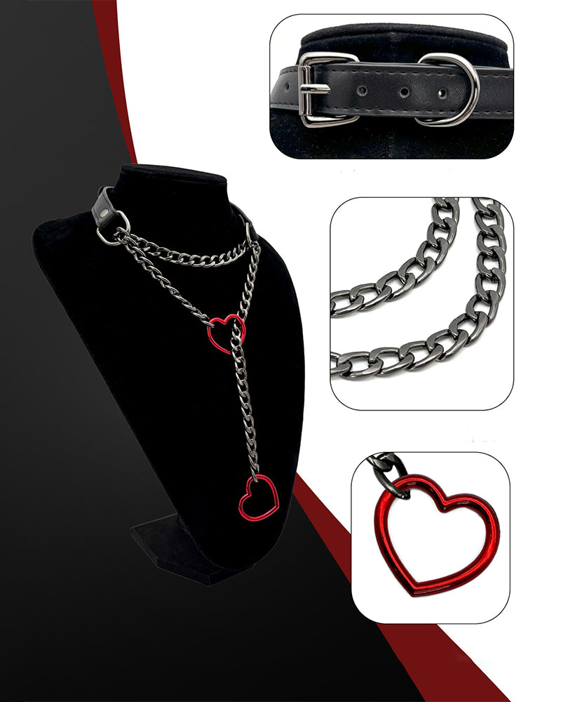 Heart choker collar with black strap, silver chain, and red heart charm detail views