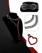 Heart choker collar with black strap, silver chain, and red heart charm detail views