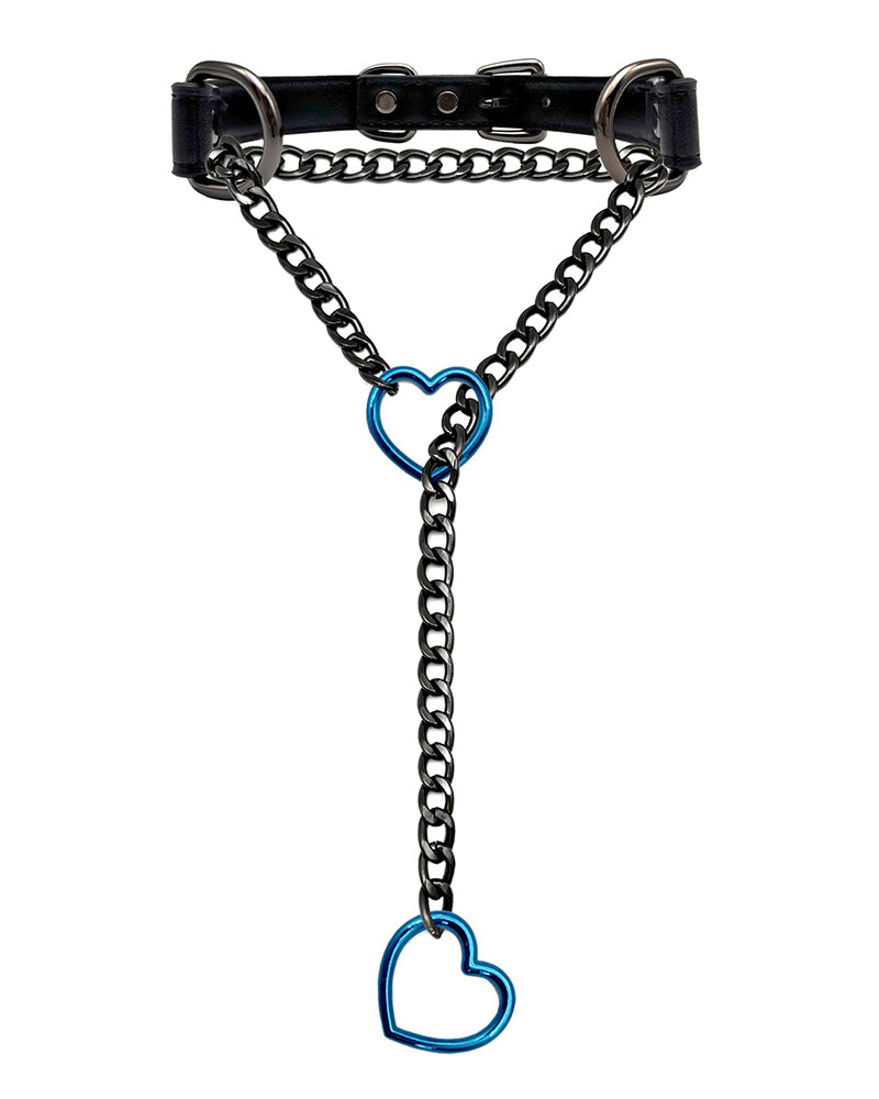 Heart choker collar slip chain with blue heart charm and linked metal O-ring collar