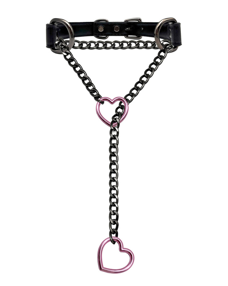 Heart choker collar with black strap, pink heart charm, and linked metal chain drop