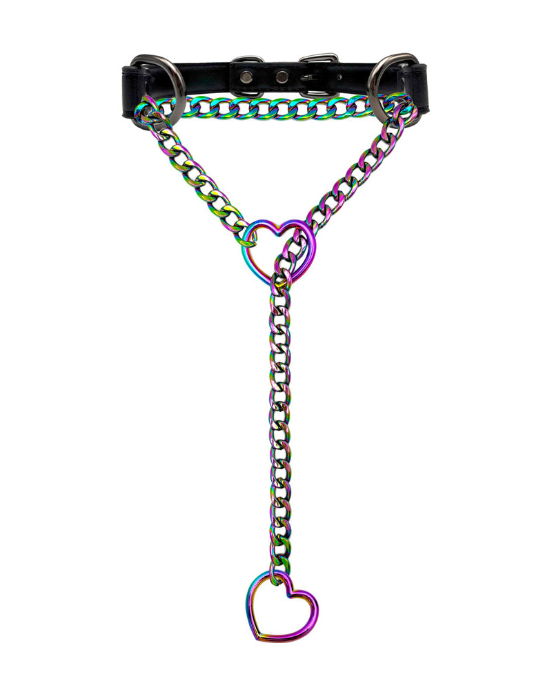 Heart choker collar slip chain with iridescent links and rainbow heart drop charm