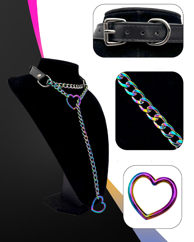 Heart choker collar with iridescent chain, multicolor heart charm, and O-ring hardware