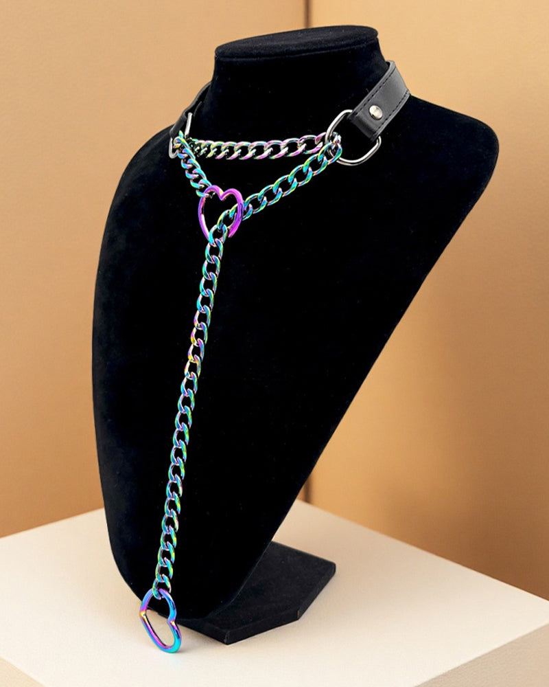 Heart choker collar slip chain with iridescent links and red O-ring drop charm
