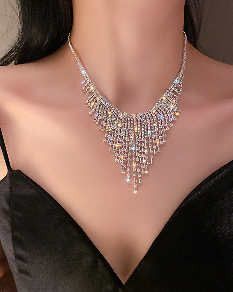 Silver crystal rhinestone choker with cascading tassel fringe