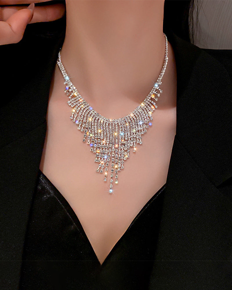 Silver crystal rhinestone choker necklace with waterfall tassel fringe