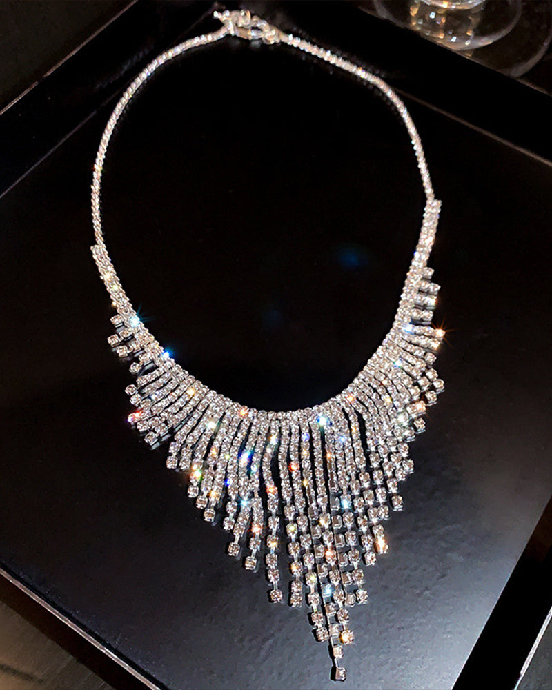 Silver crystal rhinestone choker necklace with dangling tassel rows