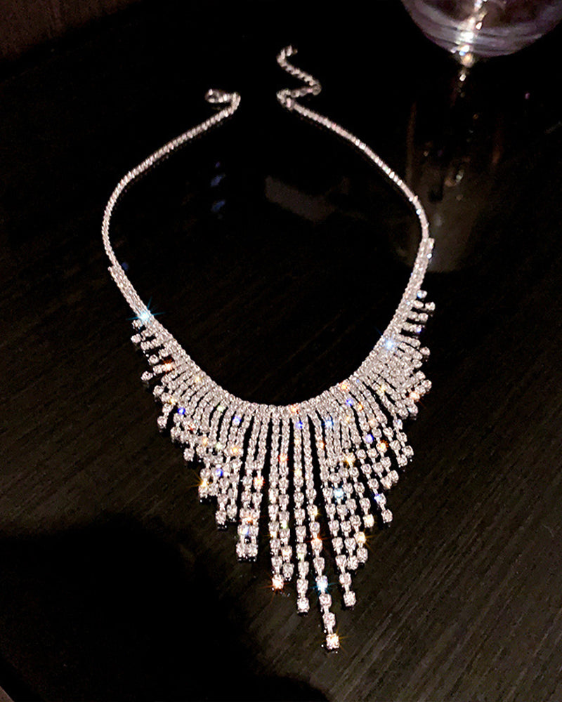 Silver crystal rhinestone choker with sparkly fringe tassels