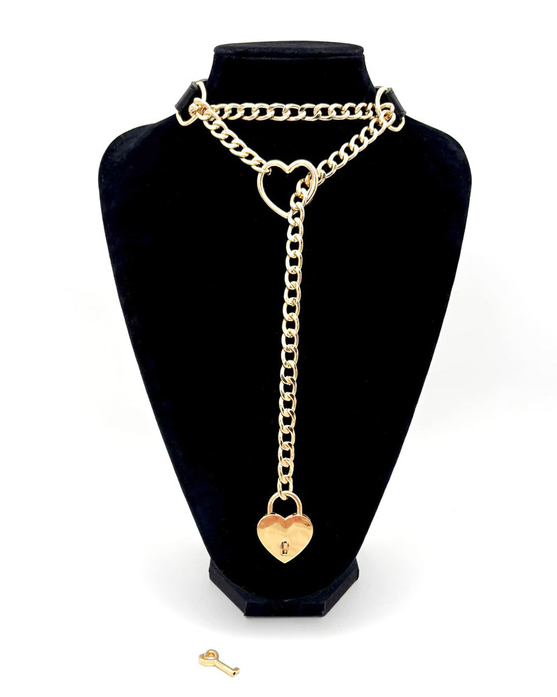 Heart padlock slip-chain necklace with gold-tone chain and heart lock pendant