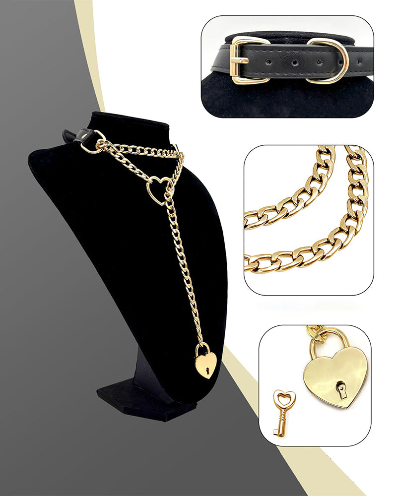Gold-tone heart padlock slip-chain necklace with black leather collar and key