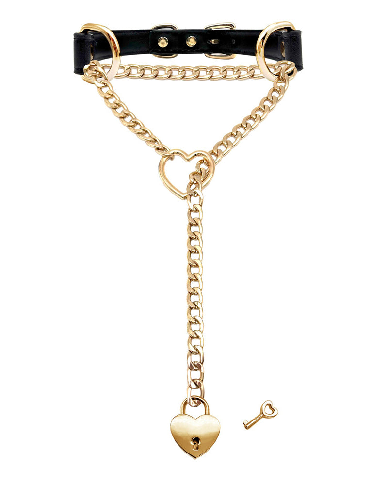 Gold-tone heart padlock slip-chain necklace with black choker strap and key