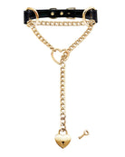 Gold-tone heart padlock slip-chain necklace with black choker strap and key