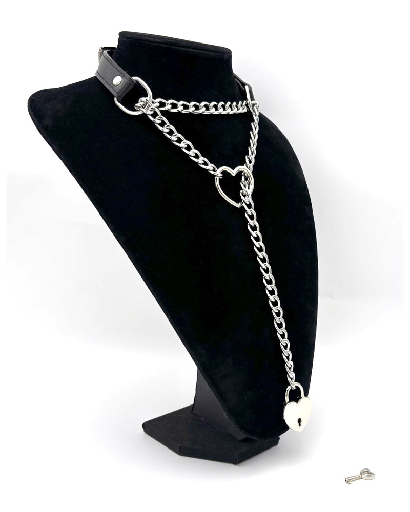 Silver-tone heart padlock slip-chain necklace with black choker strap and heart lock charm