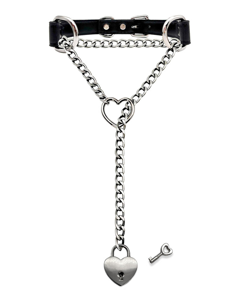 Silver-tone heart padlock slip-chain necklace with black choker strap and key