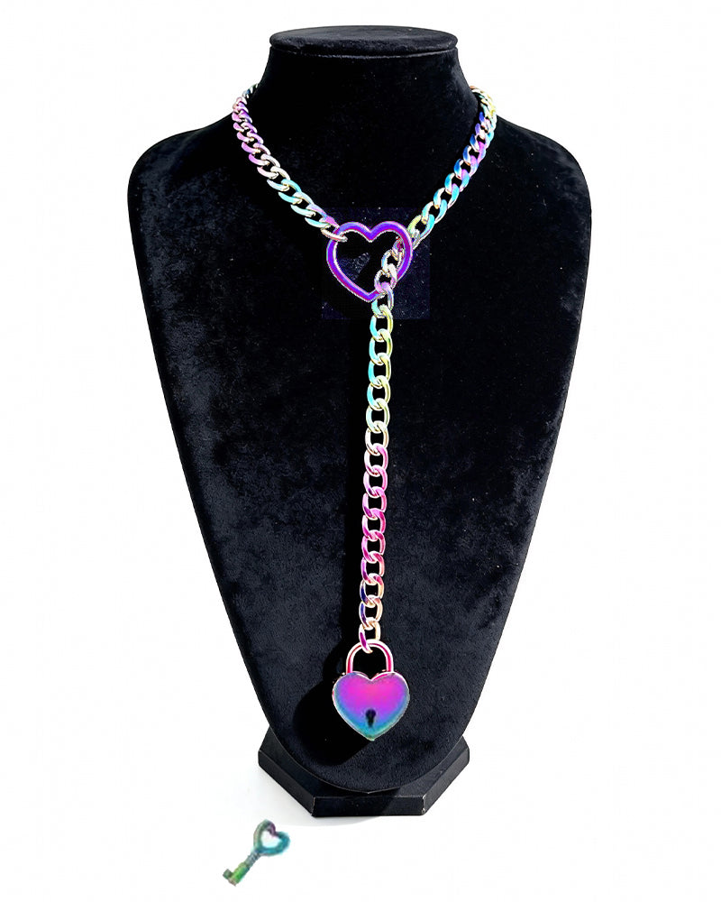 Heart padlock slip-chain necklace with multicolor links and purple-blue heart charm