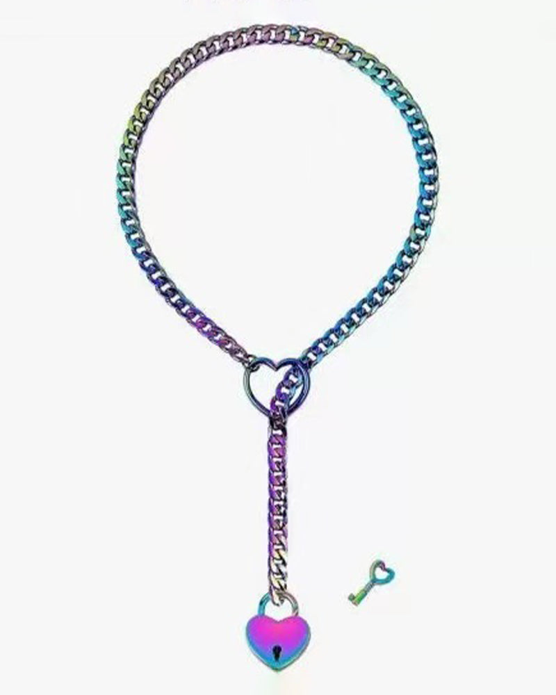 Heart padlock slip-chain necklace with multicolor links and heart lock pendant