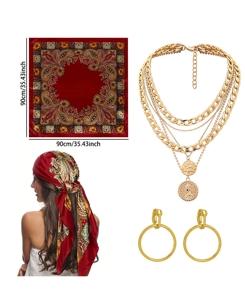 Pirate accessories set: red headscarf, gold layered necklace with coin pendant, and hoop earrings