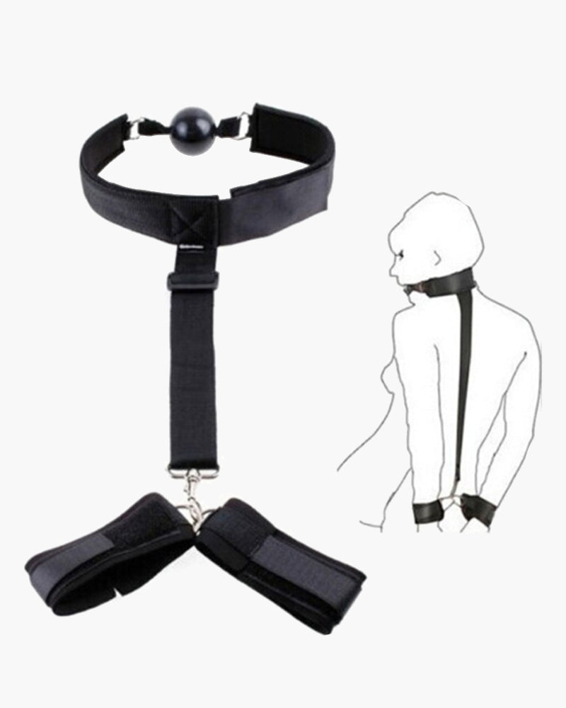 Black adjustable neck strap with ball pendant and wrist handcuffs, metal clips