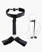 Black adjustable neck strap with ball pendant and wrist handcuffs, metal clips