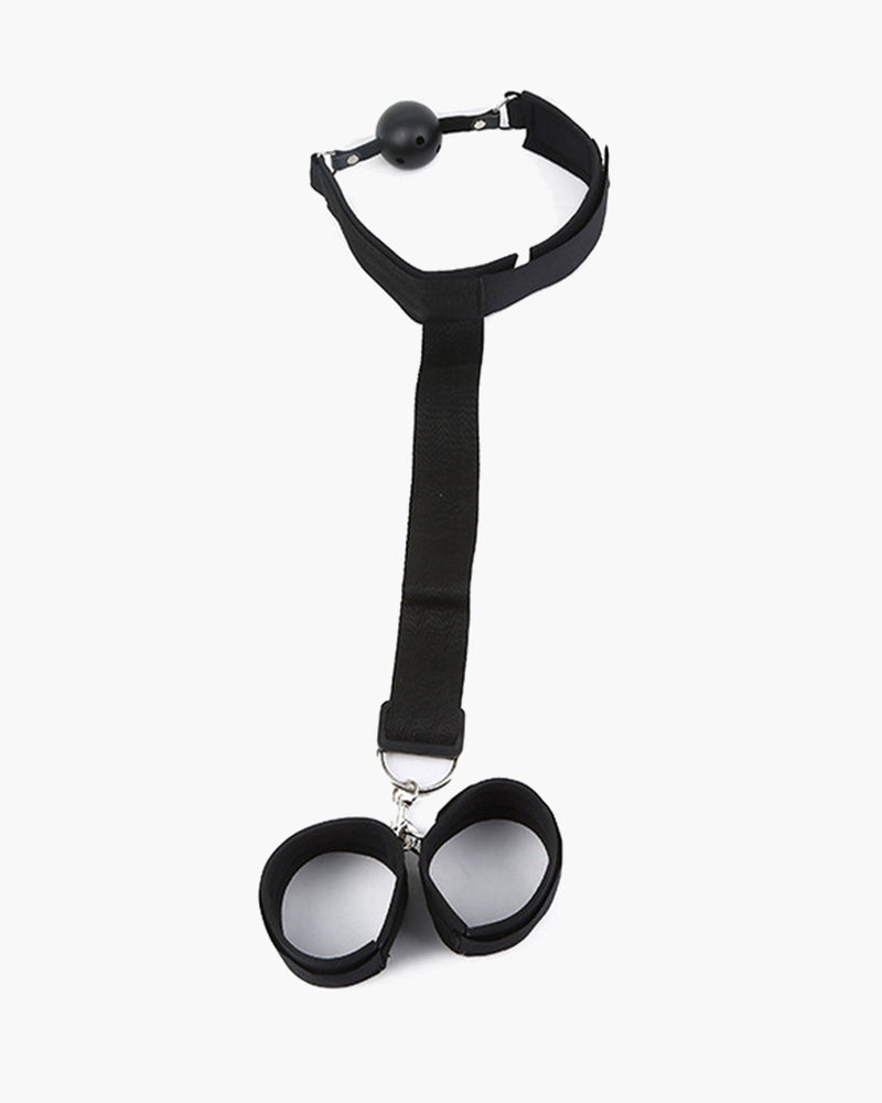 Black neck collar with ball connector, long strap, and padded wrist cuffs