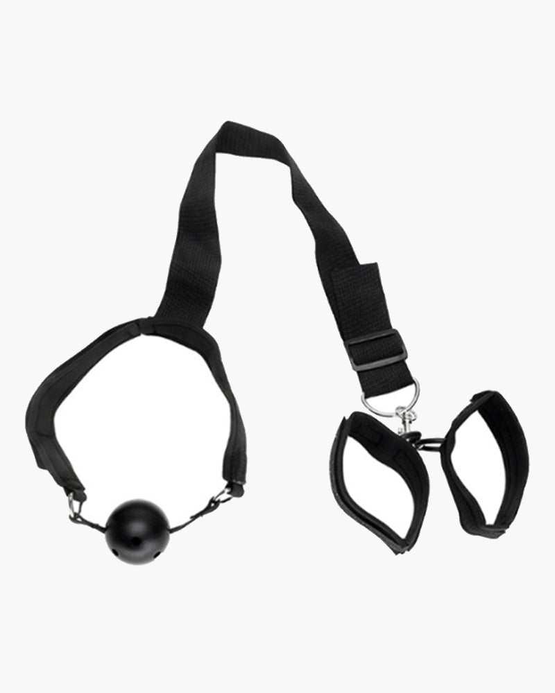 Black adjustable neck collar with ball connector and wrist cuffs with metal rings