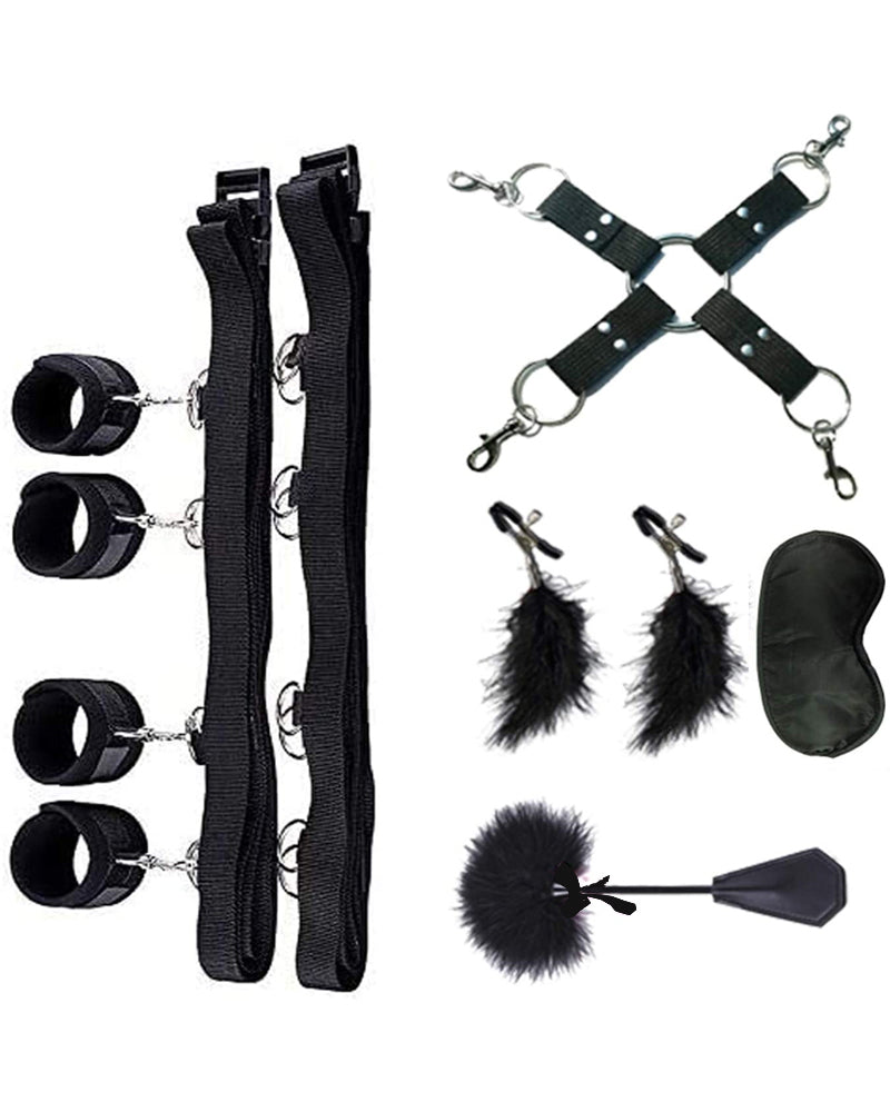 Black leg restraint straps with metal rings, plus ankle cuffs, feather toys, and blindfold