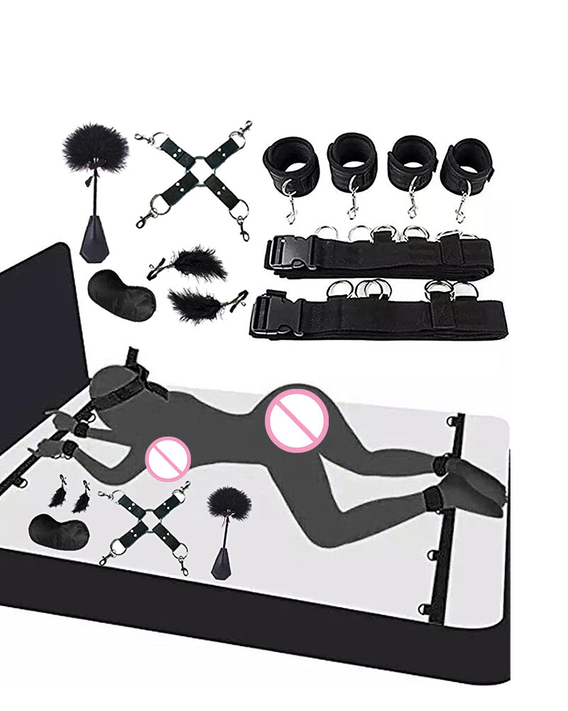 Black bed restraint set kit with ankle cuffs, wrist straps, blindfold, and feather flogger