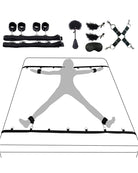 Black bed restraint set shown on bed frame: leg cuffs, wrist straps, and soft blindfold