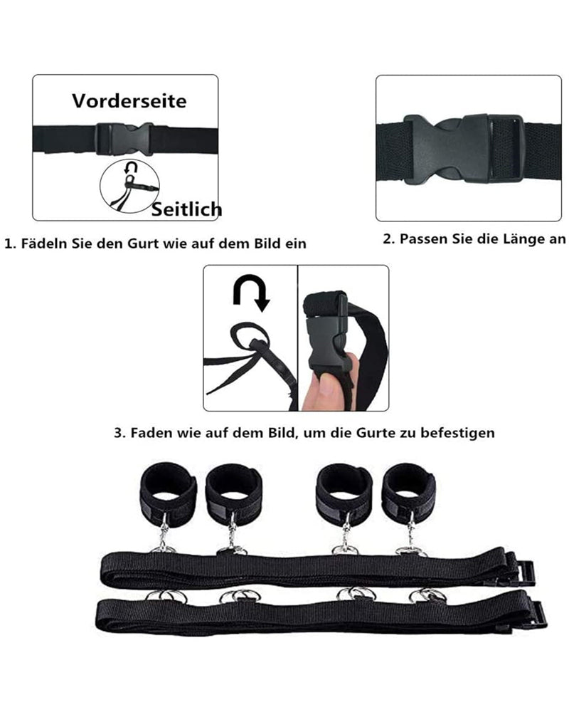Black bed restraint set attachment straps and cuffs shown in step-by-step diagram