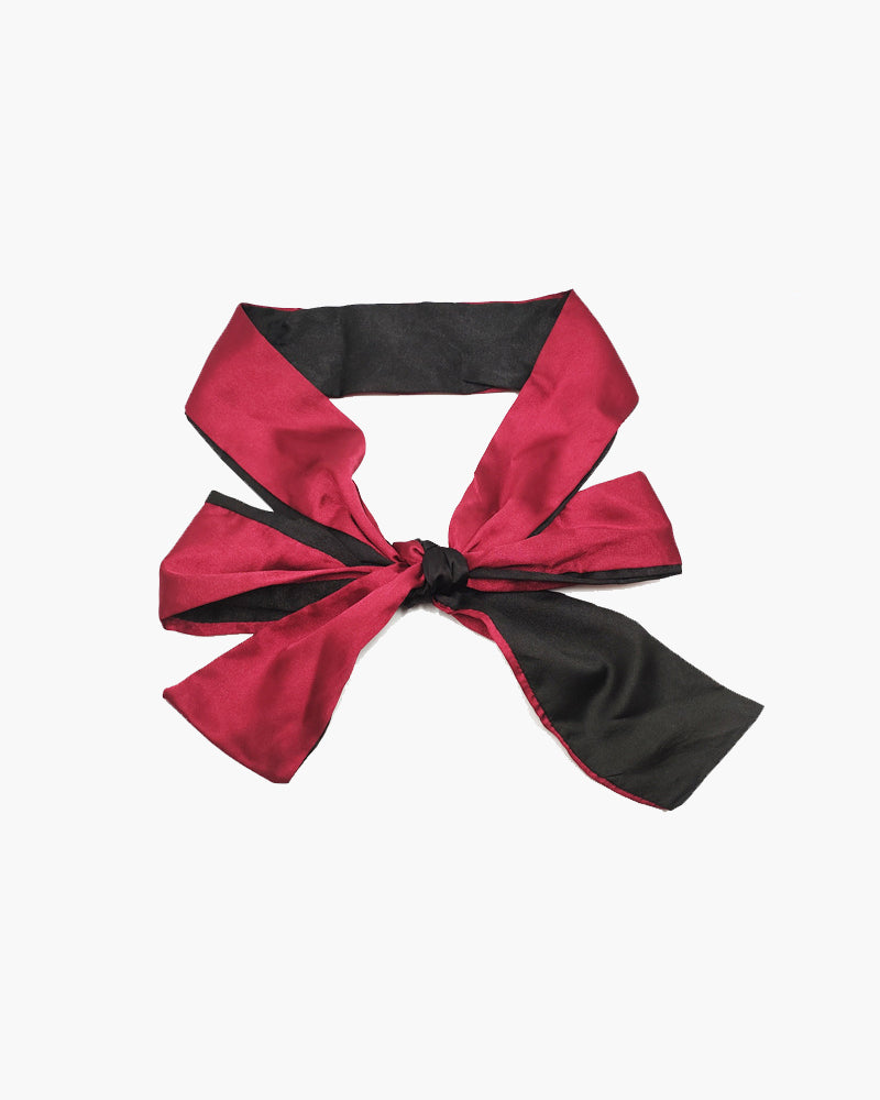 Adjustable satin eye mask with bow, red and black satin ribbon