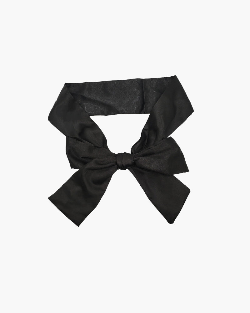 Adjustable satin eye mask with bow, solid black satin ribbon