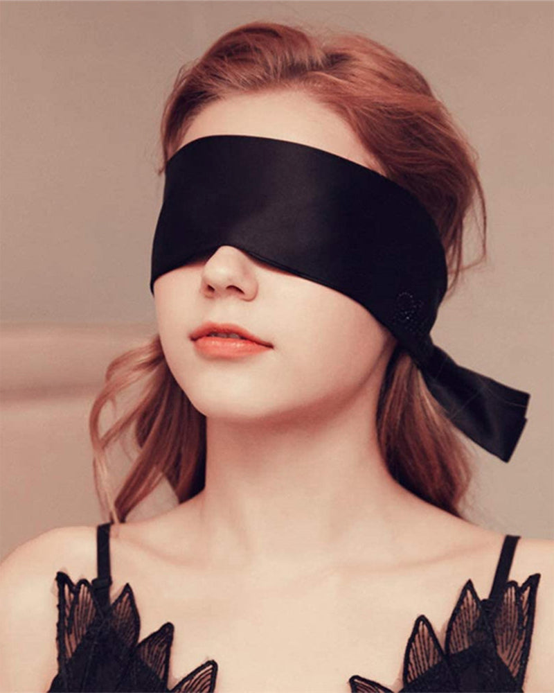 Adjustable satin eye mask, black satin band with tie at back
