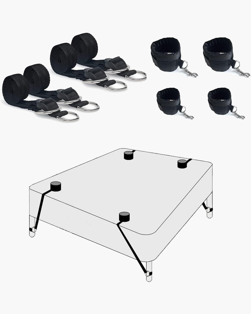 Black bed restraint straps set with metal carabiners and round cuffs
