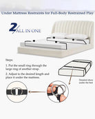 Black restraint straps under a mattress with metal rings and hooks