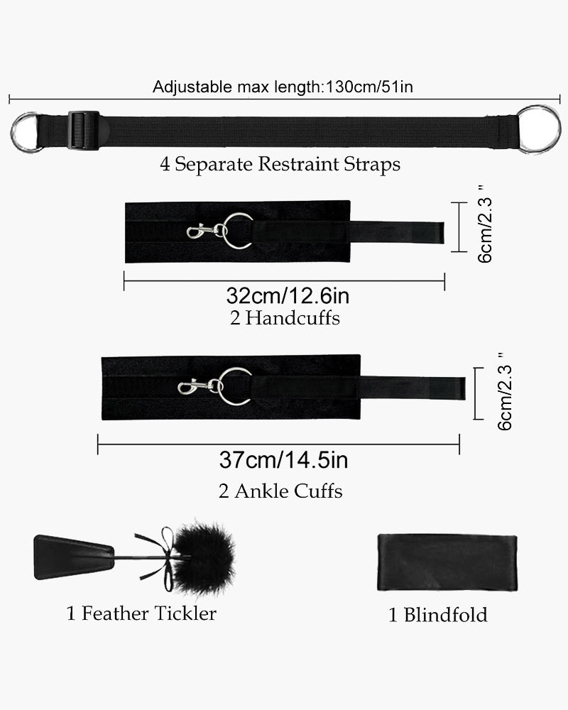 Black adjustable restraint strap set with metal rings, handcuff and ankle cuff pieces