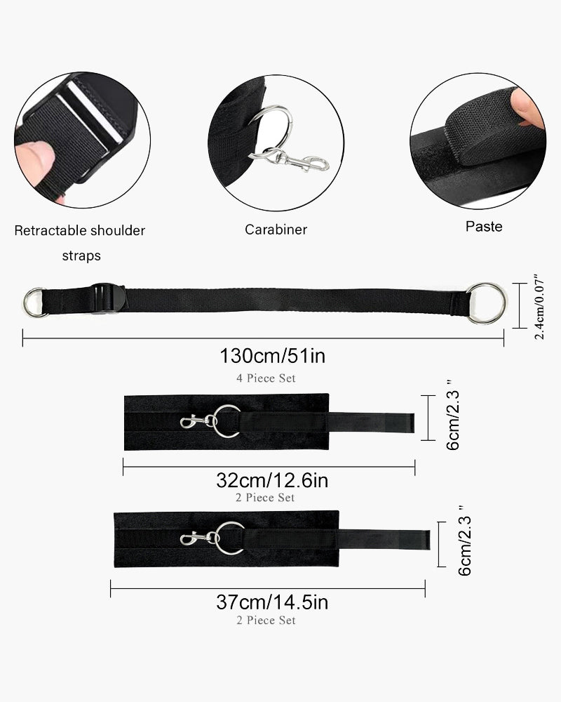 Black 4-piece restraint strap set with retractable shoulder straps and carabiners