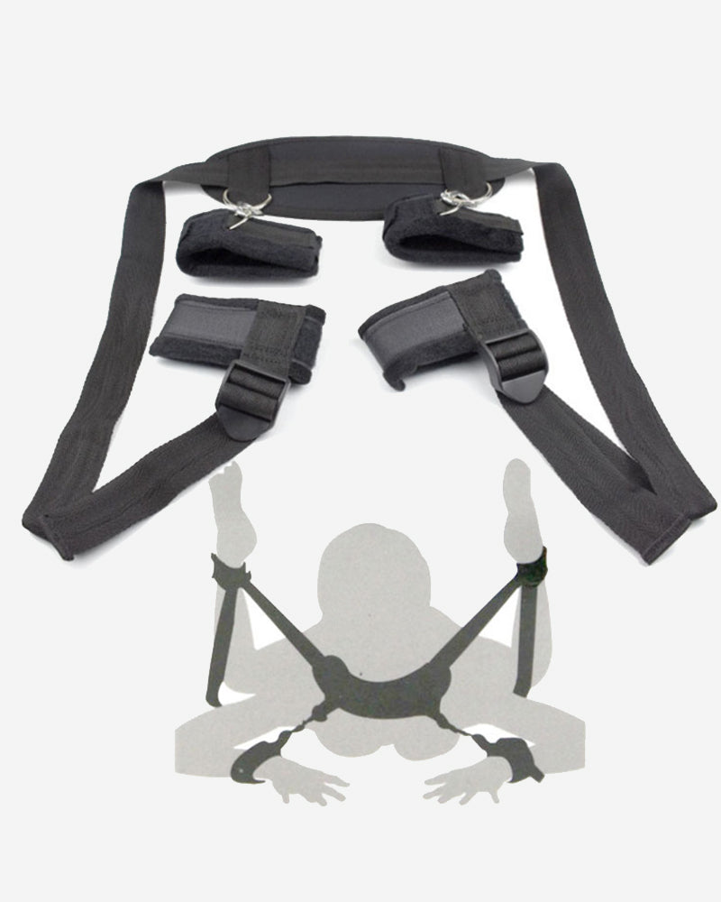 Black plush handcuffs and leg-split toy with straps and metal rings