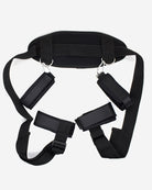 Black plush leg-split toy set with waistband, straps, and metal buckles