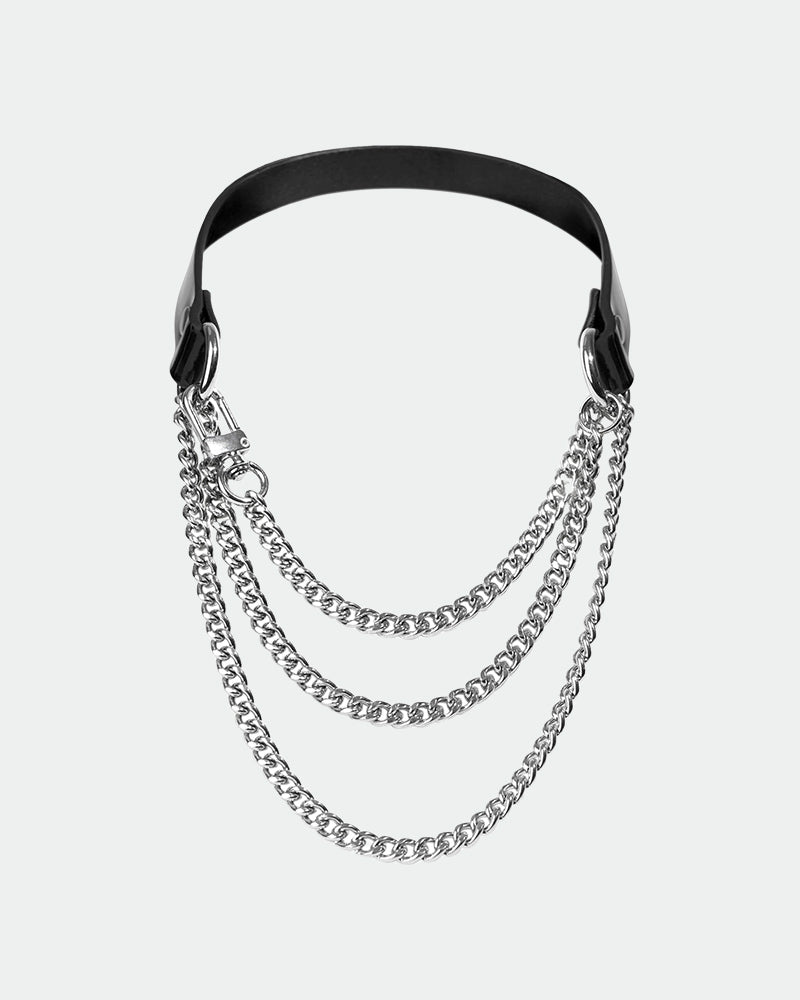 Black leather choke with silver chain layers and ring hardware