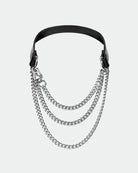 Black leather choke with silver chain layers and ring hardware