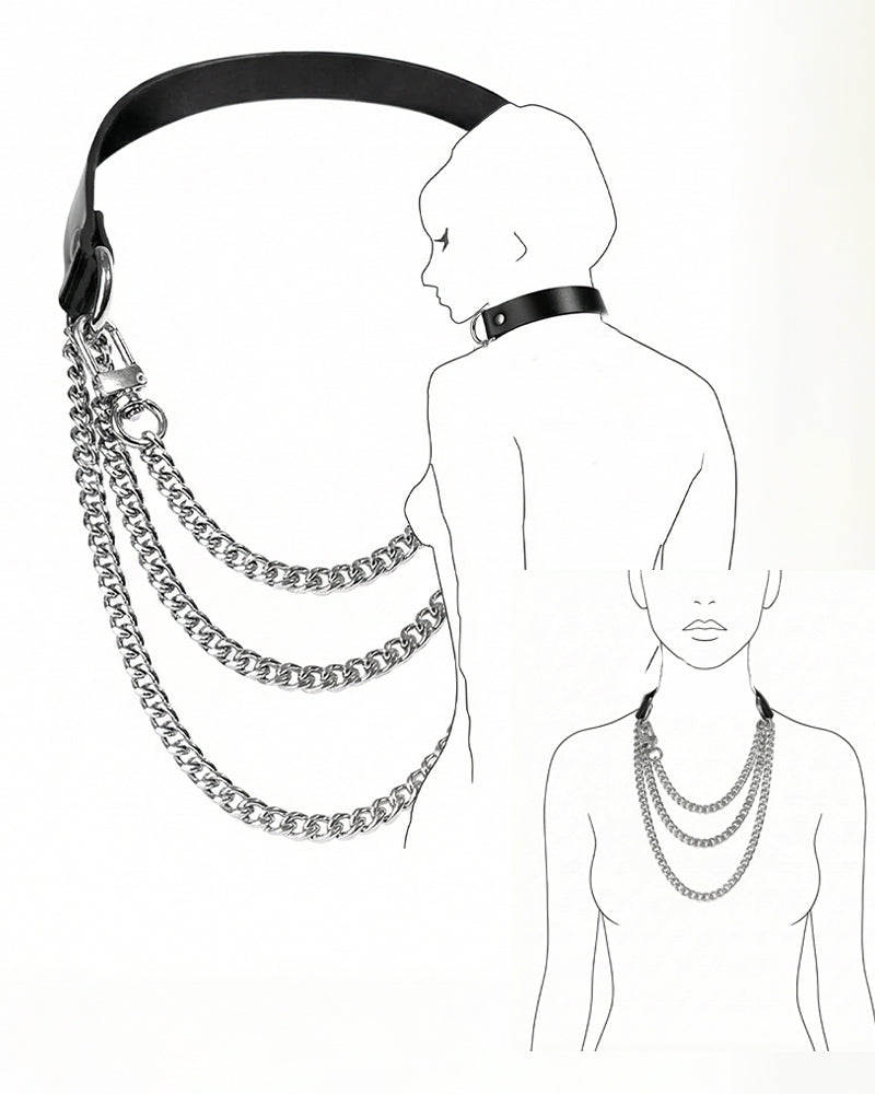 Black leather choker-style collar with layered silver chain and clasp