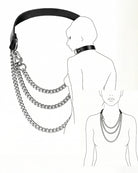 Black leather choker-style collar with layered silver chain and clasp