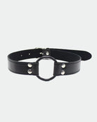 Black leather neck collar with metal ring and adjustable strap studs