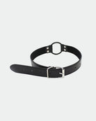Black leather neck collar with O-ring, silver buckle, and extended strap