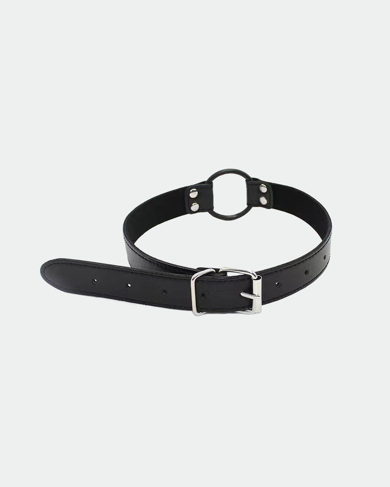 Black leather neck collar with O-ring, silver buckle, and extended strap