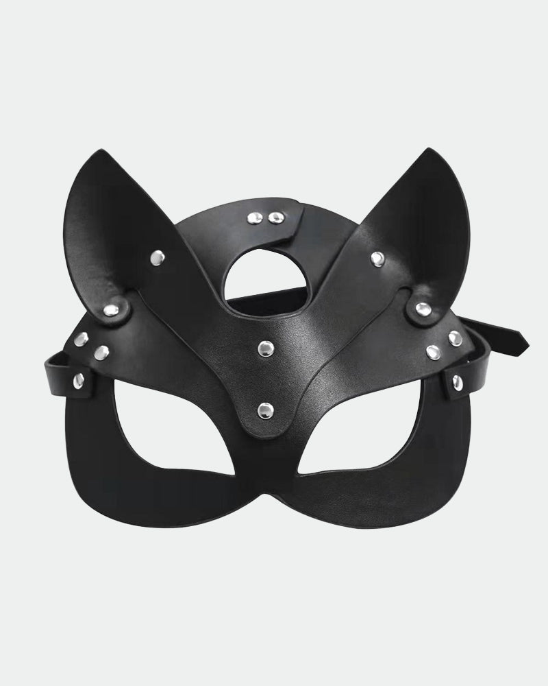 Black leather fox eye mask with rhinestone studs and pointed ear panels