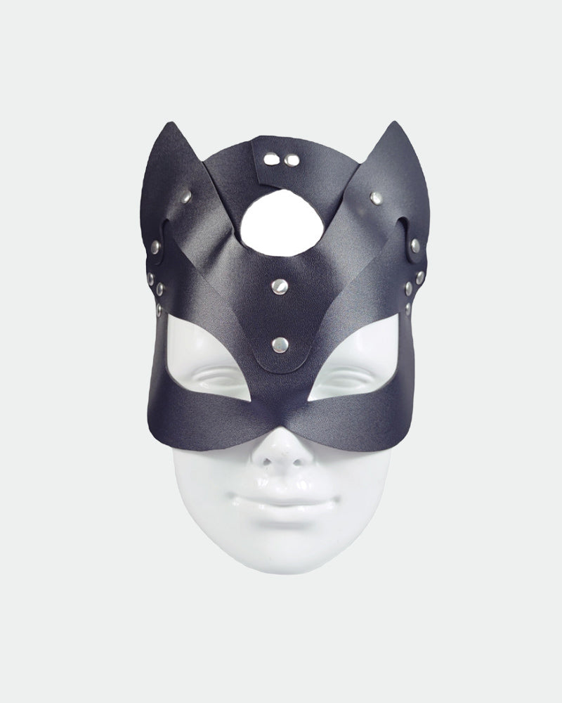 Dark blue leather fox eye mask with rhinestone studs and oval nose cutout