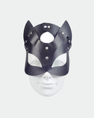 Dark blue leather fox eye mask with rhinestone studs and oval nose cutout
