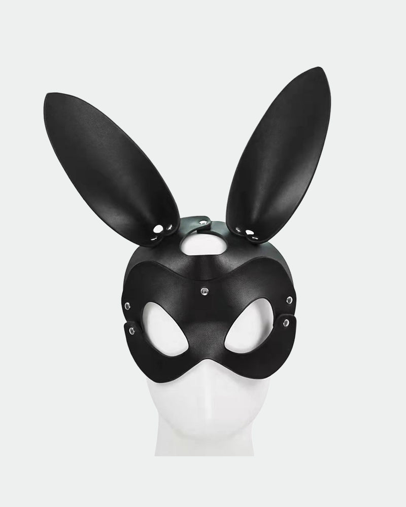 Black leather fox eye mask with pointed ears, rhinestone studs, and eye cutouts