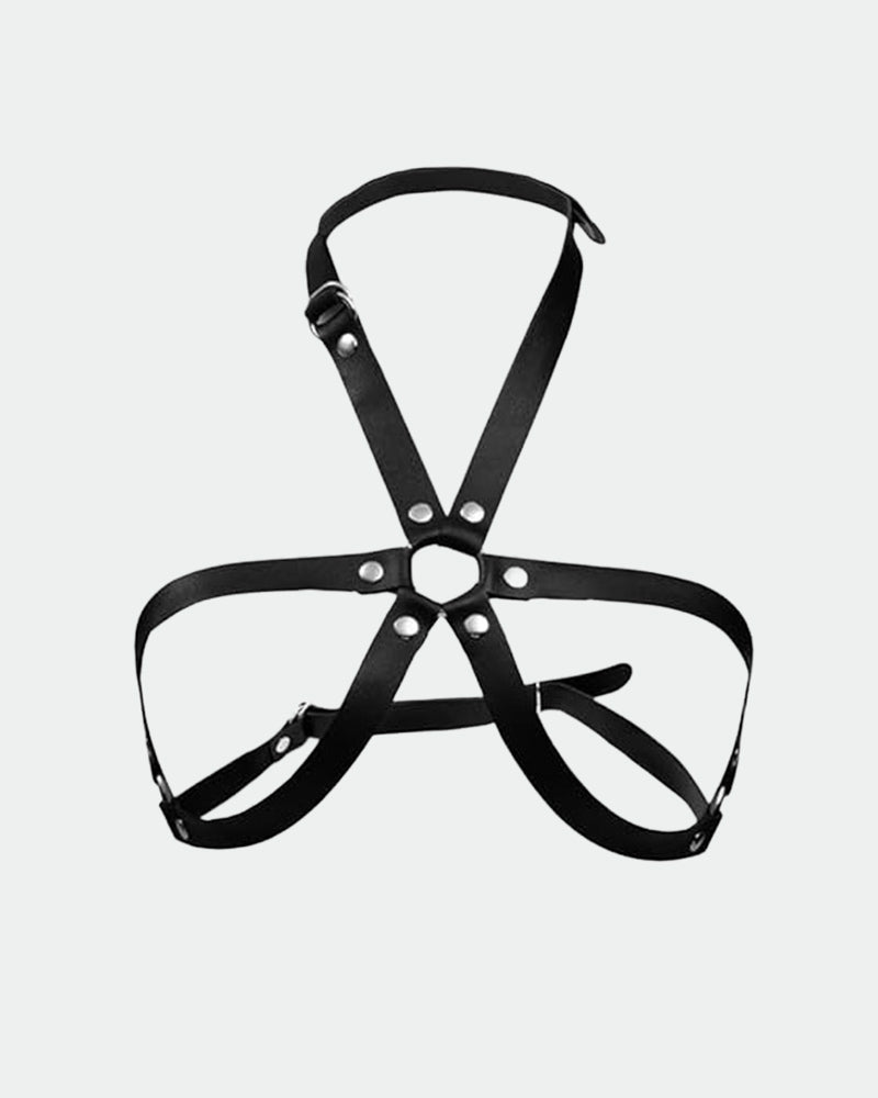 Black leather bondage chest harness belt with crossed straps and metal eyelets