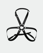 Black leather bondage chest harness belt with crossed straps and metal eyelets